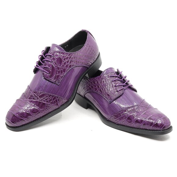 Purple Men\'s Formal Alligator Print Folded Cap Toe Oxford Lace up Dress Shoes main image 6